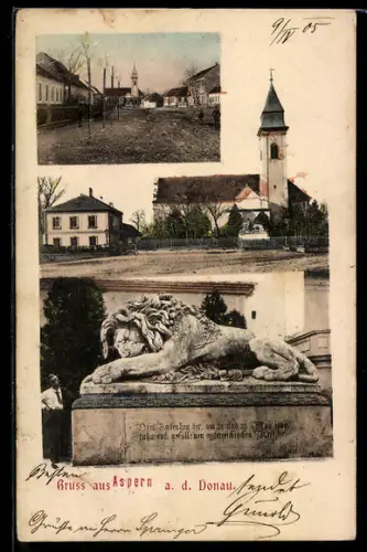 AK Wien, Aspern a. d. Donau, Kirche, Löwendenkmal, Strassenpartie mit Kirche