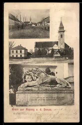 AK Wien, Aspern, Löwen-Denkmal, Kirche, Strassenpartie