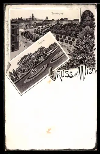 Lithographie Wien, Cursalon, Franzensring aus der Vogelschau