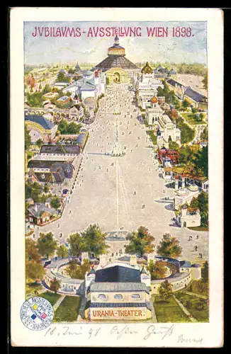 Künstler-AK sign. Bienert: Wien, Jubiläums-Ausstellung 1898, Urania-Theater mit Festplatz