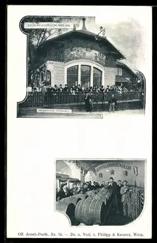 Künstler-AK Philipp + Kramer Nr. 75: Wien, Jubiläums-Ausstellung 1898, Niederösterr. Winzerhaus, Aussen- u. Innenansicht