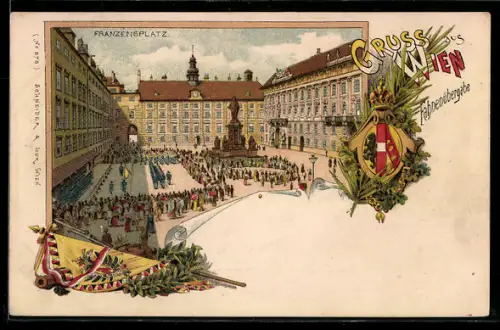 Lithographie Wien, Franzensplatz, Fahnenübergabe, Wachablösung, Wappen