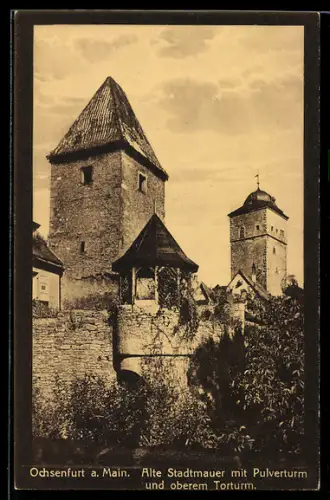 AK Ochsenfurt, Alte Stadtmauer mit Pulverturm und oberem Torturm