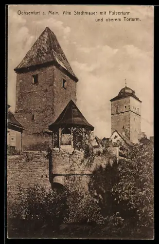 AK Ochsenfurt / Main, alte Stadtmauer mit Pulverturm und oberem Torturm