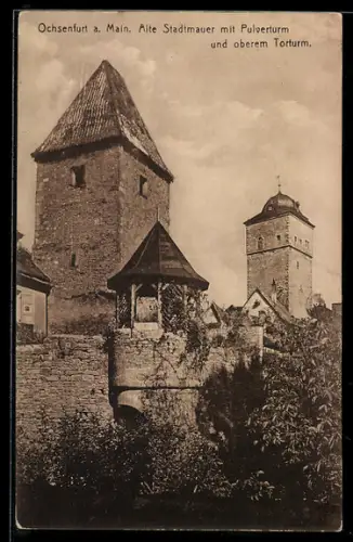 AK Ochsenfurt / Main, alte Stadtmauer mit Pulverturm und oberem Torturm