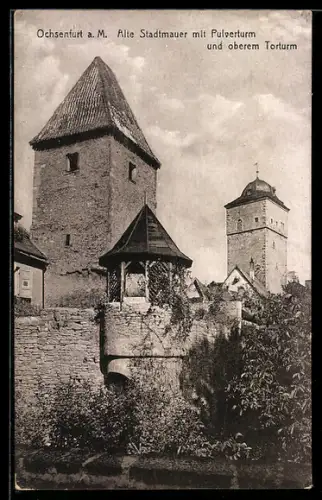 AK Ochsenfurt / Main, alte Stadtmauer mit Pulverturm und oberem Torturm