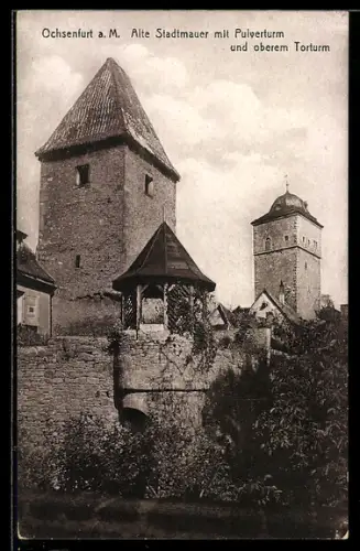 AK Ochsenfurt / Main, Alte Stadtmauer mit Pulverturm und oberem Torturm