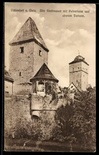 AK Ochsenfurt / Main, alte Stadtmauer mit Pulverturm und oberem Torturm