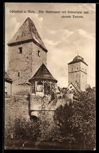 AK Ochsenfurt, Alte Stadtmauer mit Pulverturm und oberen Torturm