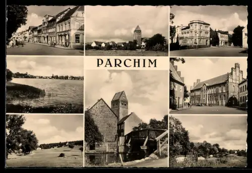 AK Parchim, Kirche mit Brücke, Rathaus, Strassenpartie
