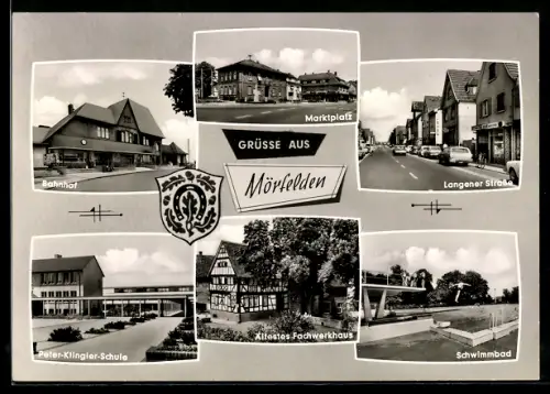 AK Mörfelden b. Ffm., Langener Strasse mit Geschäft, Schwimmbad, Bahnhof