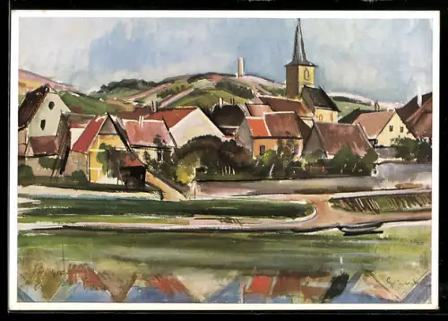 Künstler-AK Klein Ochsenfurt am Main, Kirche und Ortsansicht am Fluss