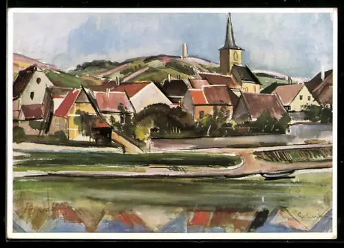 Künstler-AK Klein Ochsenfurt am Main, Kirche und Ortsansicht am Fluss