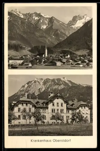 AK Oberstdorf, Krankenhaus, Ortsansicht mit Kirche und Bergen