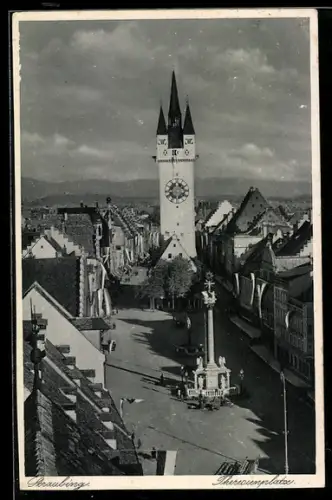 AK Straubing, Theresienplatz aus der Vogelschau