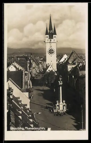 AK Straubing, Theresienplatz aus der Vogelschau
