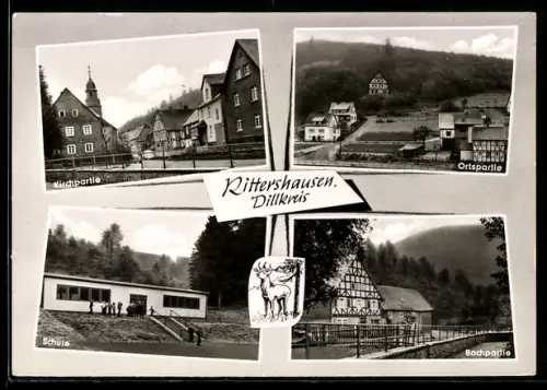 AK Rittershausen, Kirchpartie, Ortspartie, Schule und Bachpartie