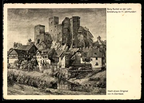 Künstler-AK sign. H. Dürrbeck: Runkel an der Lahn, Burg Runkel mit angrenzenden Gebäuden