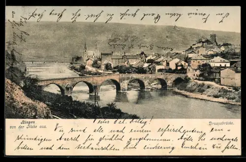 AK Bingen, Ortsansicht von der Nahe aus mit Drususbrücke