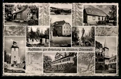 AK Michelstadt, Gaststätte Hainhaus, Ohrenbach-Tal und Gaststätte Bremhof, Standbild Graf Eberhard