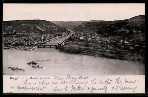 AK Bingen, Totalansicht von der Rossel aus gesehen, Flussdampfer