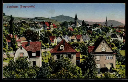 AK Bensheim, Ortspanorama mit Kirchturm