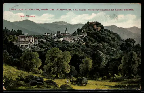 Künstler-AK Lindenfels, Teilansicht mit Hotel Victoria und anliegendem Wald