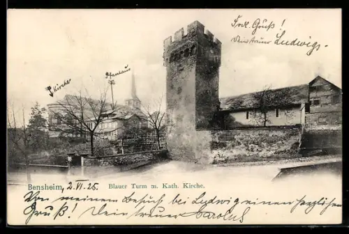 AK Bensheim, Blauer Turm und katholische Kirche