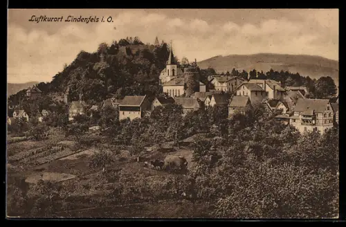 AK Lindenfels i. O., Teilansicht aus der Vogelschau mit Kirche