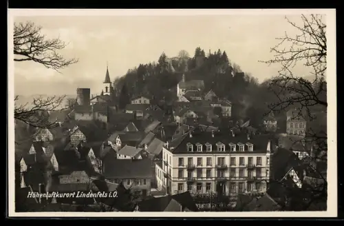 AK Lindenfels i. O., Stadtansicht mit Kirche, Burgruine und Hotel Odenwald