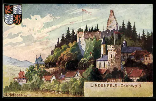 Künstler-AK Lindenfels /Odenwald, Burgruine, Kirche, Ortsansicht