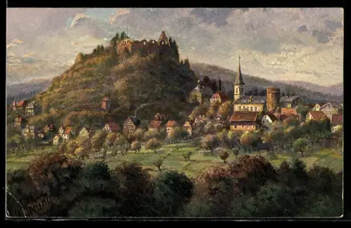 Künstler-AK Lindenfels i. Odenwald, Totalansicht mit Kirche und angrenzendem Wald