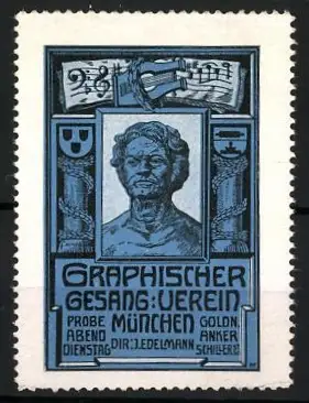 Reklamemarke München, Graphischer Gesangverein, Büste eines Sängers