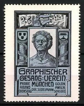 Reklamemarke München, Graphischer Gesang-Verein, Büste und Notenblatt