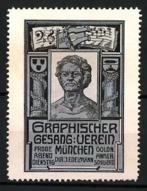 Reklamemarke München, Graphischer Gesang-Verein, Büste und Noten