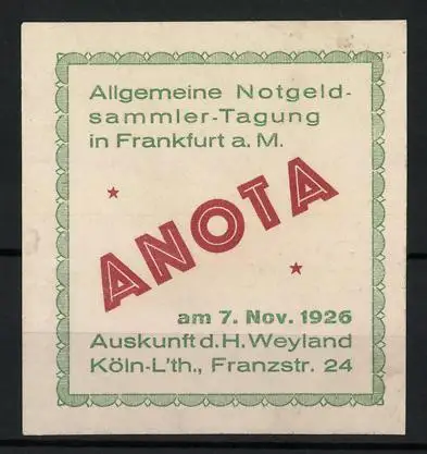 Reklamemarke Frankfurt a. M., Allgemeine Notgeldsammler-Tagung 1926, ANOTA