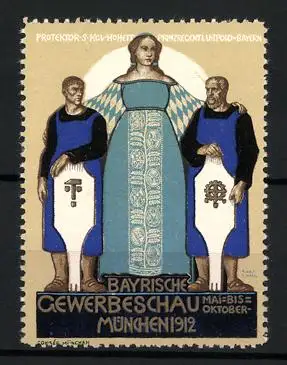 Reklamemarke München, Bayrische Gewerbeschau 1912, Schutzpatronin mit Handwerkern