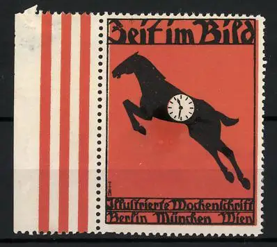 Reklamemarke Berlin, Illustrierte Wochenschrift Zeit im Bild, springendes Pferd mit Uhr