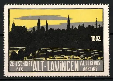 Reklamemarke Zeitschrift des Alt-Lavincen Altertumsvereins, Stadtsilhouette und Fluss