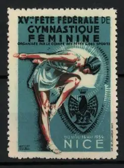 Reklamemarke Nice, XVème Fête Fédérale de Gymnastique Féminine 1954, Turnerin