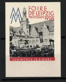 Reklamemarke Leipzig, Foire de Leipzig Printemps 1938, Messehalle mit -Flaggen