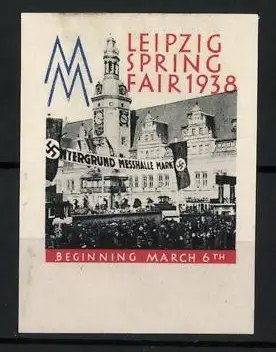 Reklamemarke Leipzig, Spring Fair 1938, Messehalle und -Flaggen