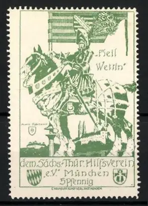 Reklamemarke München, Sächs.-Thür. Hilfsverein e. V., Ritter auf Pferd