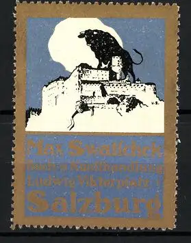 Reklamemarke Salzburg, Buch- und Kunsthandlung Max Swatschek, Ludwig Viktorplatz
