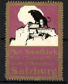 Reklamemarke Salzburg, Buch- und Kunsthandlung Max Swatschek, Ludwig Viktorplatz, Stier auf Festung
