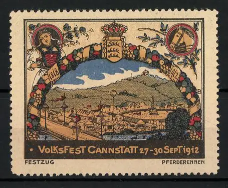 Reklamemarke Cannstatt, Volksfest 1912, Wappen und Panorama