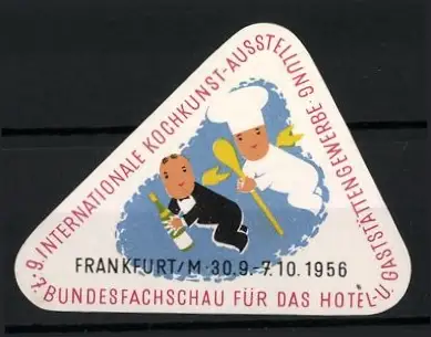 Reklamemarke Frankfurt a. M., 9. Internationale Kochkunst-Ausstellung 1956, Koch und Kellner