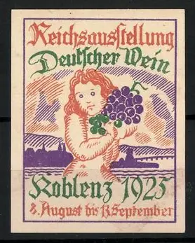 Reklamemarke Koblenz, Reichsausstellung Deutscher Wein 1923, Figur mit Trauben