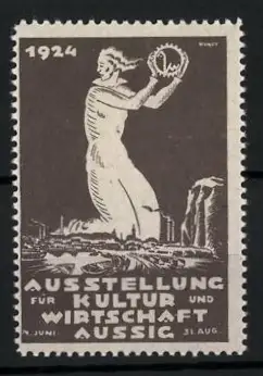 Reklamemarke Aussig, Ausstellung für Kultur und Wirtschaft 1924, Figur mit Zahnrad