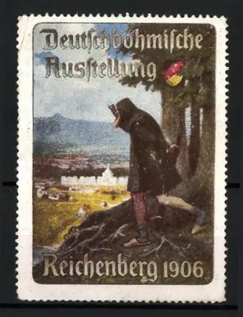 Reklamemarke Reichenberg, Deutschböhmische Ausstellung 1906, Wanderer vor Landschaft